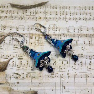 Aqua Blue Purple Hand Painted Lucite Flower Earrings, Crystal, Filigree